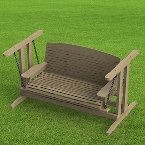 May include: A wooden swing bench with a slatted back and seat. The swing is suspended from two metal chains and has a brown finish.