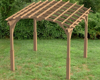 May include: A wooden pergola with a curved roof and four supporting posts. The pergola is made of natural wood and has a rustic look.