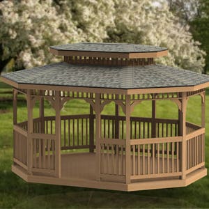 May include: A wooden octagonal gazebo with a shingled roof and a railing around the perimeter. The gazebo is in a grassy area with trees in the background.