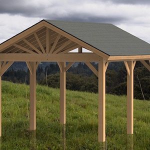 May include: A wooden gazebo with a gabled roof. The roof is covered in dark grey shingles. The gazebo has a natural wood finish and is set in a grassy field with a backdrop of trees and a cloudy sky.