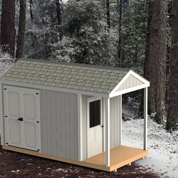 Garden Shed with Porch Detailed Building Plans 8′ x 16′ - Digital Download