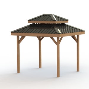 Puede incluir: Un cenador de madera con un techo de dos niveles. El techo está hecho de paneles de metal gris oscuro.