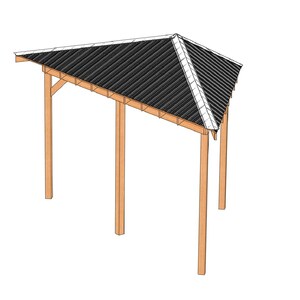 Könnte beinhalten: Ein Holzcarport mit einem schwarzen Metalldach. Das Carport hat vier Holzpfosten und ein schräges Dach.