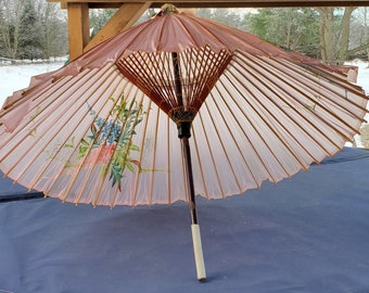 Vintage Japanese Floral Pink Vinyl Parasol Umbrella 29"