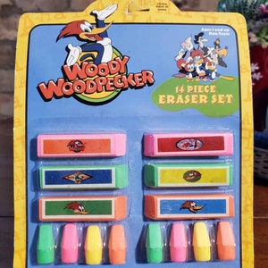 Woody Woodpecker 14 piece Eraser Set vintage new in packaging