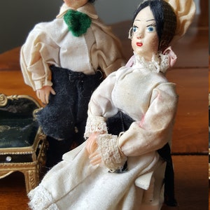 Antique Doll House Dolls Man & Wife Dolls Set Mohair Felt Cloth Faces 5-1/2&quot;