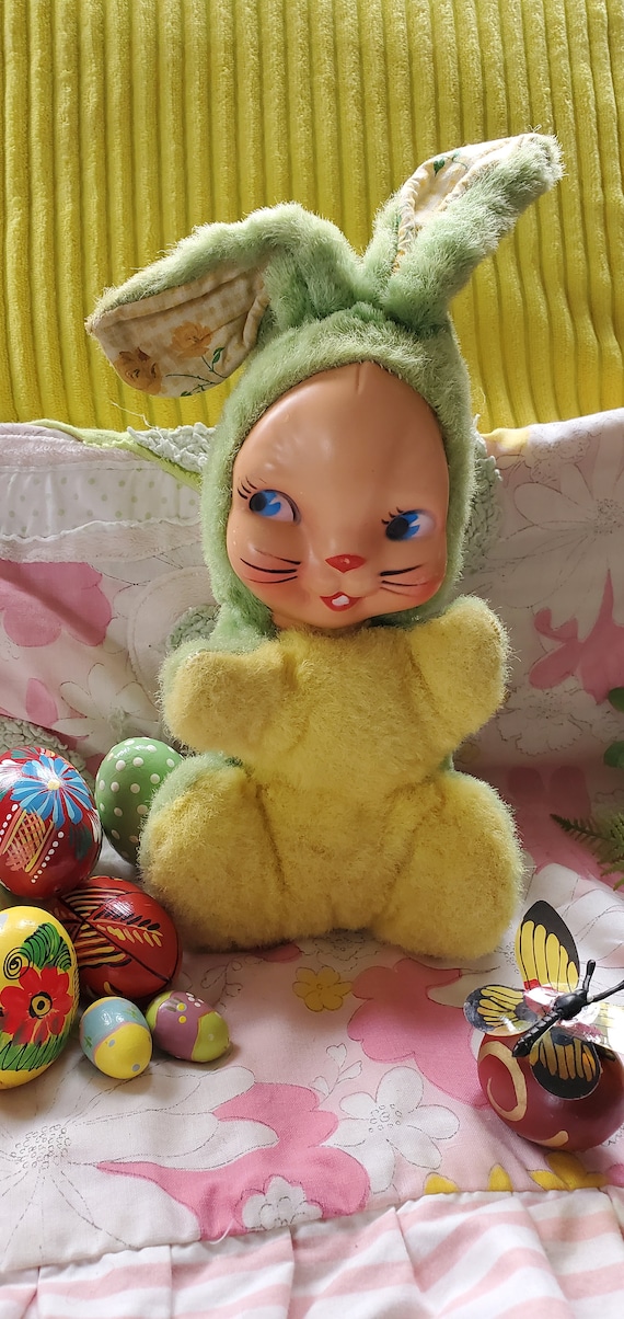 Vintage Stuffed Yellow & Green Bunny Rabbit Rubber Face Plushie - Etsy
