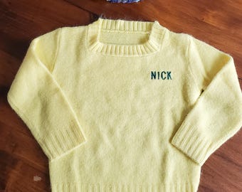 Vintage Knit Yellow Baby Sweater with embroidered name, Nick