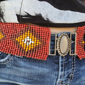 Vintage Elastic Beaded Wide Belt Warm Hues Diamond Pattern