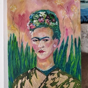 Frida Khalo Oil Painting 5x7 stretched Canvas Original Art with gold leaf OOAK