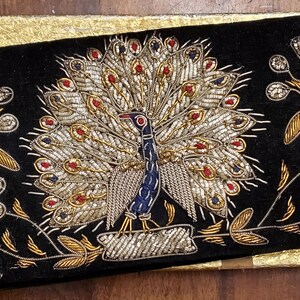 Mid Century Vintage Zardozi Peacock Clutch Made in India with Gold Box