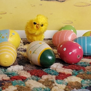 vintage Mini Chenille Easter Chick & Painted Wood Easter Eggs