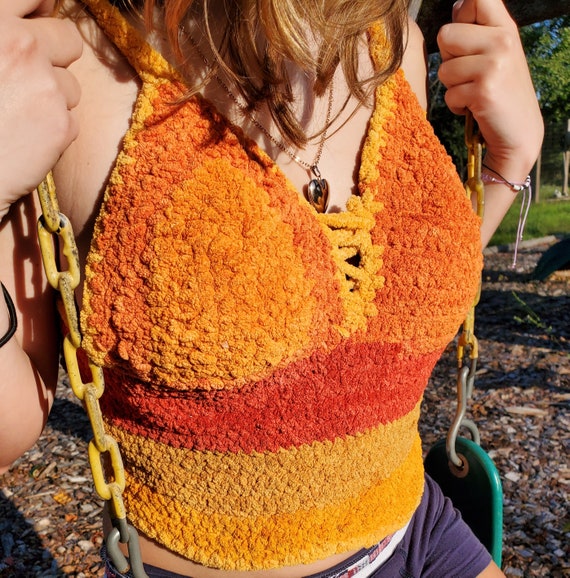 90's Orange Knit Chenille festival crop top