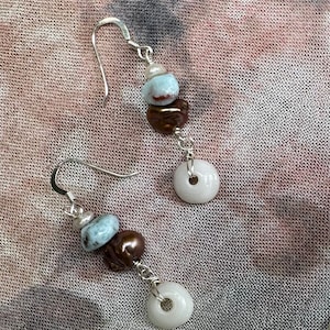 Larimar freshwater pearl seashell earrings, Sterling silver puka shell earrings, pearl shell earrings