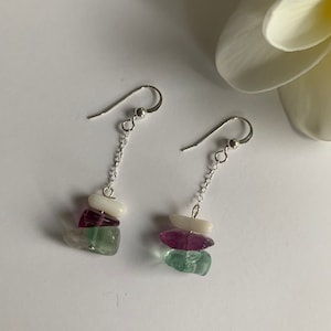 Rainbow fluorite crystal dangle earrings, fluorite chain dangle earrings, fluorite crystal earrings, purple fluorite earrings