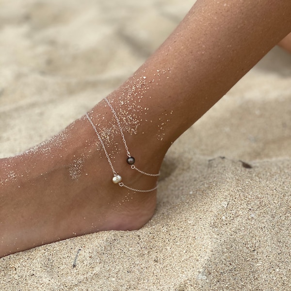 Freshwater pearl anklet, sterling silver freshwater pearl anklet, cream freshwater pearl, tan pearl anklet