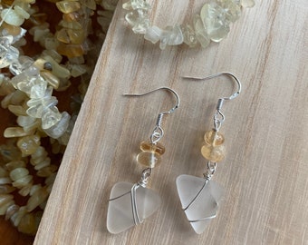 Citrine seaglass earrings, yellow quartz beach glass earrings, yellow seaglass earrings, sterling silver citrine earrings