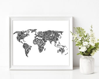 World Map in Flowers || Hand-Lettered Typography Print