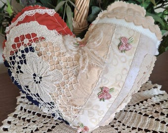Cutter Quilt Heart Pillow~ Upcycled Vintage Crazy Quilt Piece and Scrappy Fabrics~small Accent Pillow ~ FREE Shipping