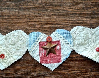 Cutter Quilt Heart Swag ~ Farmhouse Style ~Upcycled Vintage Quilts~ Vintage Laces~ FREE SHIPPING