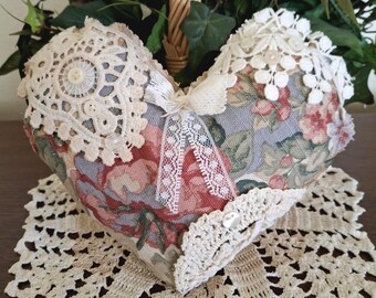 HEART~Small Accent Pillow with special pocket ~ UPCYCLED Upholstery Fabric and Vintage Doily ~ FREE Shipping