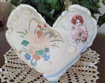 Cutter Quilt Heart~ Upcycled Vintage Linen  ~Small Accent Pillow W/ Special POCKET ~ FREE Shipping