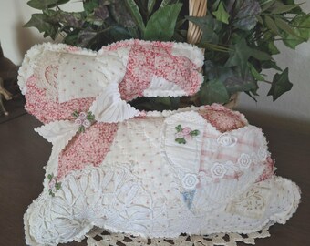 BUNNY Pillow made with Upcycled Vintage Pink and White Quilt ~Special Pocket~ Small Accent Pillow-Free Shipping