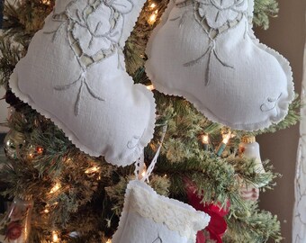 Stocking Ornaments~Upcycled Vintage  Linen Package Topper~Bowl Fillers ~Set of 3-FREE SHIPPING