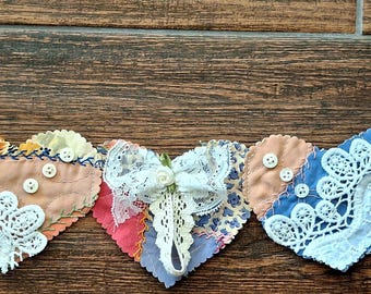 Cutter Crazy Quilt Heart Swag ~ Farmhouse Style ~Upcycled Vintage Quilts~ Vintage Laces~ FREE SHIPPING