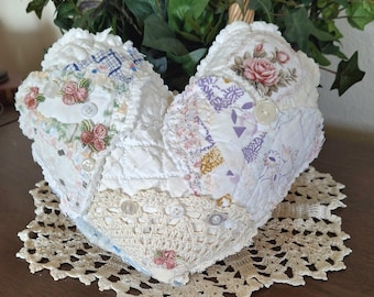 Cutter Quilt Heart~ Upcycled Vintage Quilt  piece ~small Accent Pillow W/ Special POCKET ~ FREE Shipping
