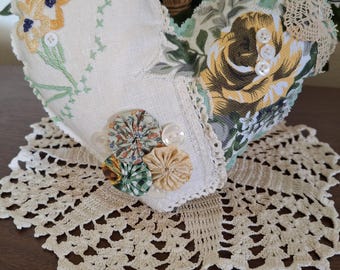 Cutter Quilt Heart~ Upcycled Vintage Linen ~ hand embroidery ~Small Accent Pillow W/ Special POCKET ~ FREE Shipping