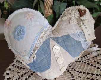 Cutter Quilt Heart~ Upcycled Vintage Quilt and Hand Embroidered piece ~small Accent Pillow W/ Special POCKET ~ FREE Shipping