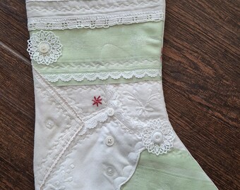 Scrappy Upcycled Vintage Linens Stocking~Green~White~Special Pocket ~FREE SHIPPING