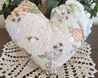 HEART~Small Accent Pillow with special pocket ~ UPCYCLED Upholstery Fabric and Vintage Doily ~ FREE Shipping