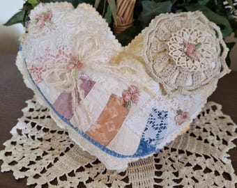 Cutter Quilt HEART ~ Upcycled  QUILT Piece~Small Accent Pillow W/ Special Pocket ~ FREE Shipping