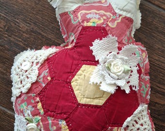 Cutter Quilt Cat- upcycled Vintage quilts piece~Special Pocket~ Small Accent Pillow-Free Shipping