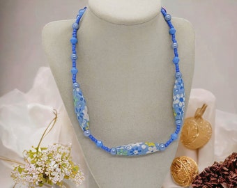 Blue Flower Necklace and Matching Earrings - Blue Fabric Necklace - Fabric Necklace - Blue Earrings - One Of A Kind Jewelry - Matching Set