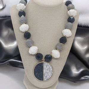 Black and White Necklace - Fabric Necklace - Textile Necklace - One Of A Kind Necklace - Statement Necklace - Striped Necklace - Great Gift