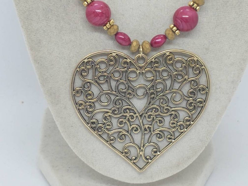 Wedding Necklace Gift Statement Necklace One Of A Kind Necklace Pink and Gold Necklace Heart Necklace Valentine/'s Day Necklace
