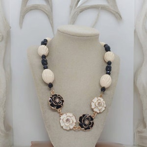 Flower Necklace - Black and White Necklace - Jeweled Necklace - One Of A Kind Necklace - Statement Necklace - Mother&#39;s Day Necklace - Gift