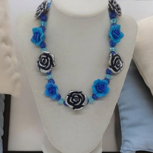 Flower Necklace - Clay Polymer Necklace - Blue and Silver Flower Necklace - One Of A Kind Necklace - Statement Necklace - Gift For Women
