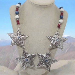 Star Necklace - Jeweled Necklace - Red, White, and Blue Necklace For Her - Patriotic Necklace - One Of A Kind Necklace - Statement Necklace
