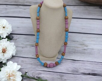 Pink and Blue Wooden Necklace - Wood Necklace For Her - Long Necklace - Colorful Necklace - One Of A Kind Necklace - Statement Necklace