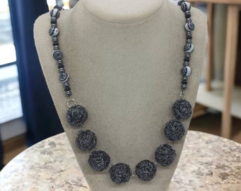 Metal Necklace For Her - One Of A Kind Necklace - Circle Necklace - Statement Necklace - Gray Necklace For Women - Wire Wrapped Necklace