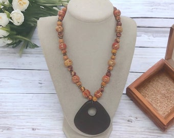 Wooden Necklace - Orange Necklace For Her - One Of A Kind Necklace - Boho Necklace - Wood Necklace - Statement Necklace - Gift For Women