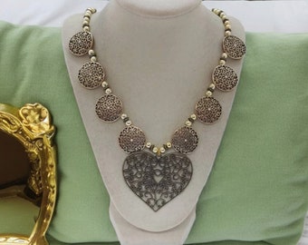 Heart Necklace - Gold Necklace For Women - Statement Necklace - One Of A Kind Necklace - Jeweled Necklace - Wedding Necklace -