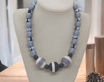 Gray Necklace For Her - Striped Necklace For Women - Textile Necklace - Fabric Necklace - One Of A Kind Necklace - Multicolored Necklace
