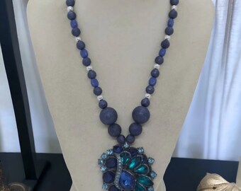 Blue Jeweled Necklace - Statement Necklace - Blue Necklace For Her - Jeweled Necklace - One Of A Kind Necklace - Wedding Necklace - Gift