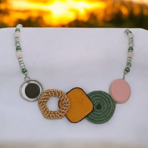 Fabric Necklace - One Of A Kind Necklace - Textile Necklace - Pearl Necklace - Rose Quartz Necklace - Wooden Necklace For Women - Gift
