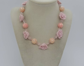 Pink Flower Necklace - Clay Polymer Necklace - Shamballa Necklace - Sparkle Necklace - One Of A Kind Necklace - Flower Necklace - Gift